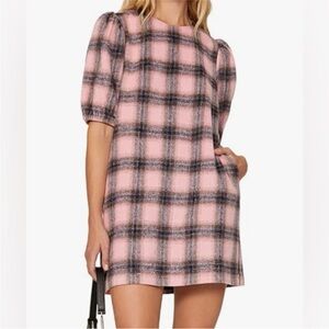 Toccin NWT Pink Plaid Puff Sleeve A-Line Mini Dress